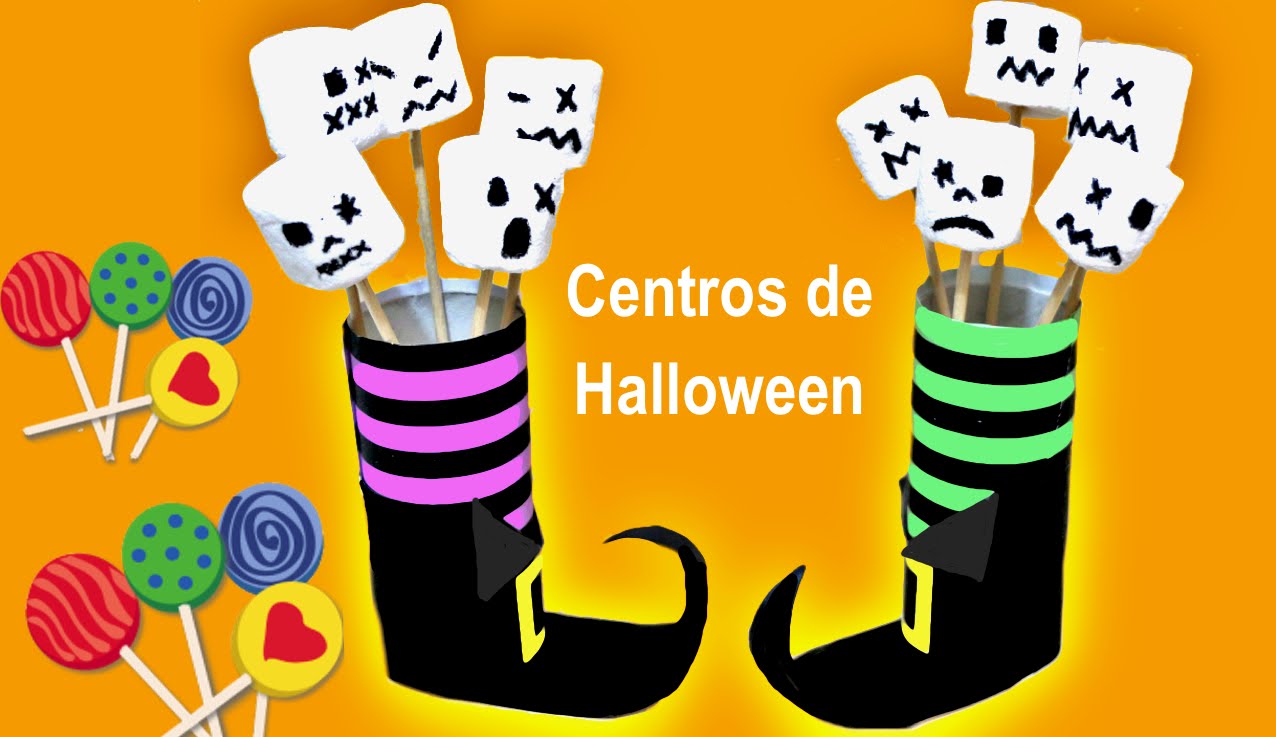 Centro de bota de bruja para Halloween con rollos de papel